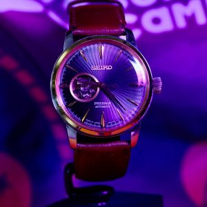 Seiko Presage watch against a vibrant and colorful backdrop.