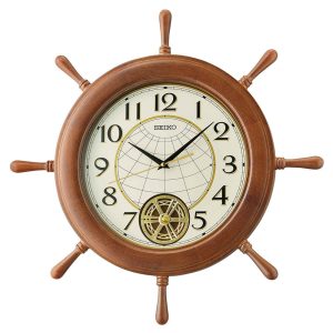 Seiko Analog Maritime Ship Wheel Design Brown Wooden Case Pendulum Wall Clock QXC242B