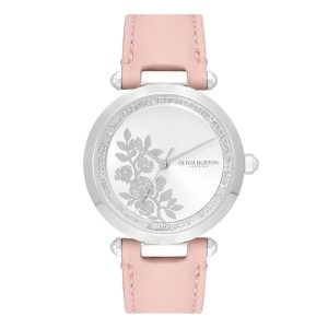 Olivia Burton Signature Floral T-Bar Silver & Rose Leather Strap Women Watch 24000046