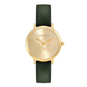 Olivia Burton Signature Bee Ultra Slim Gold & Green Leather Strap Women Watch 24000017