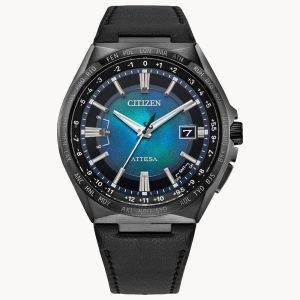 Citizen Attesa World Time GMT Blue Dial Black Leather Strap Men Watch CB0215-18L