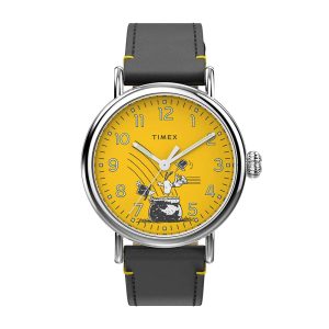 Timex Standard X Peanuts Yellow Dial Black Leather Strap Men Watch TW2V60400