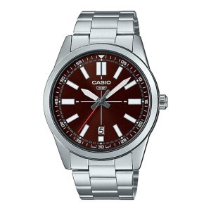 Casio General Red Dial Silver Stainless Steel Strap Men Watch MTP-VD02D-5EUDF-P