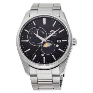 Orient Moon Phase Black Dial Silver Stainless Steel Strap Unisex Watch RA-AK0307B10B