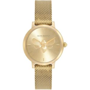 Olivia Burton Ultra Slim Bees Gold Dial Milanese Strap Women Watch 24000022