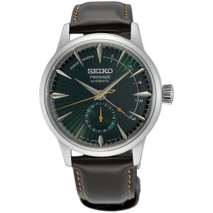 Seiko Presage Green Dial Power Reserve Brown Leather Strap Men Watch SSA459J1