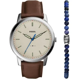 Fossil Minimalist Brown Leather Strap Men Watch Set FS5966SETP
