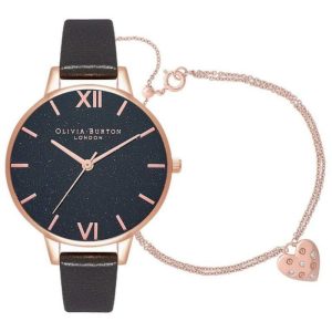 Olivia Burton Blue Dial Glitter Brown Leather Strap Women Watch OBGSET158