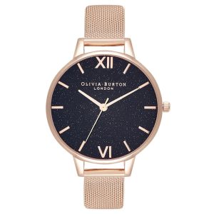 Olivia Burton Black Gliter Dial Rose Gold Milanese Strap Women Watch OB16GD76
