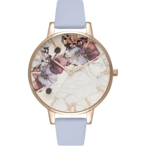 Olivia Burton Marble Florals Blue Leather Strap Women Watch OB16MF10