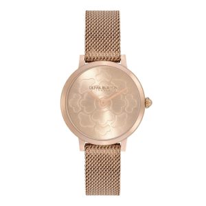 Olivia Burton Signature Floral Ultra Slim Carnation Rose Gold Mesh Women Watch 24000059