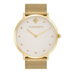 Olivia Burton Celestial Ultra Slim Metallic White & Gold Mesh Women Watch 24000024
