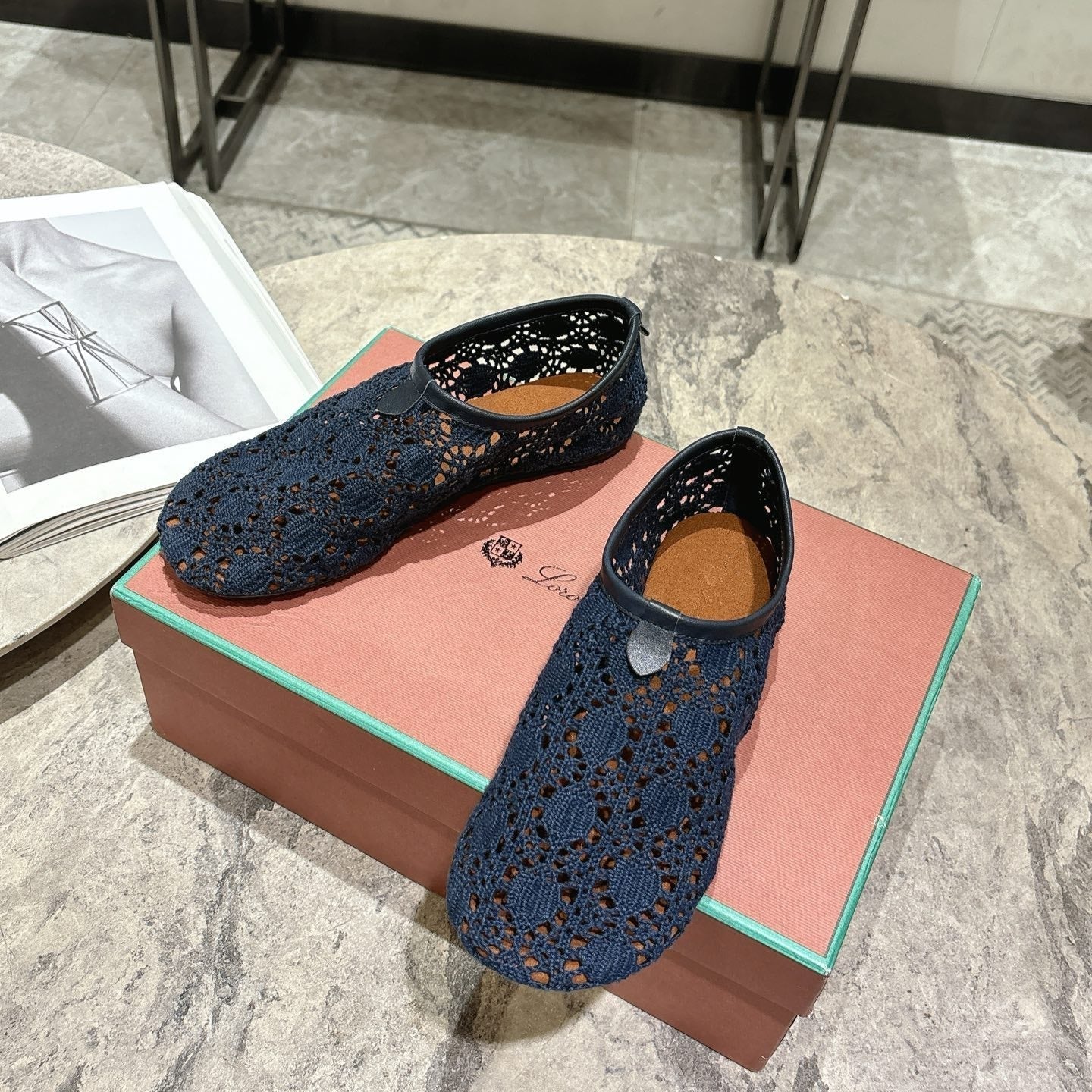 LP hollow knit ballet flats dark blue fabric 379029