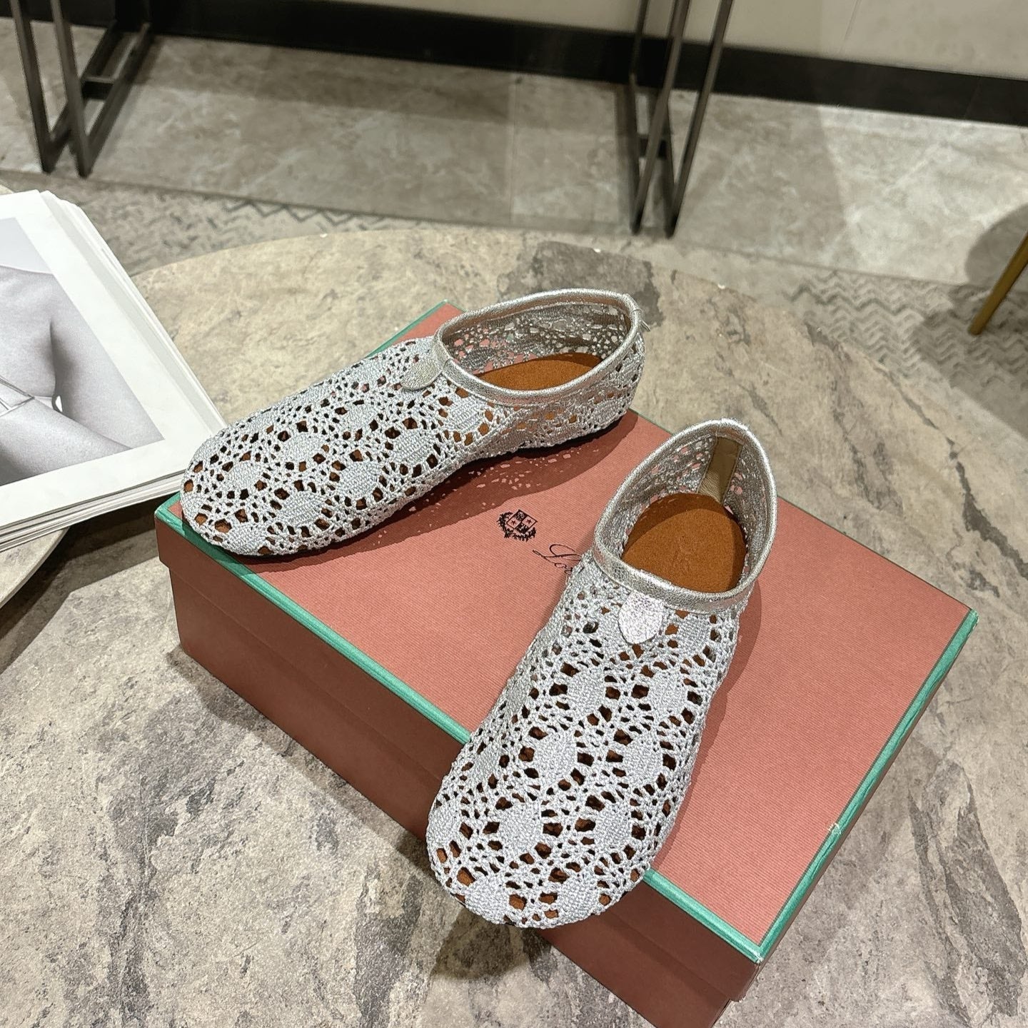 LP hollow knit ballet flats gray fabric 379028