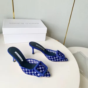 Manolo Mules Latest Checkerboard Blue Fabric Leather 528008