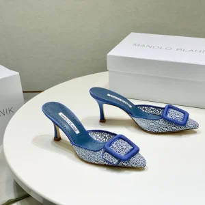 Manolo Mules 7cm Blue Hollow Lace Leather Bottom 451199