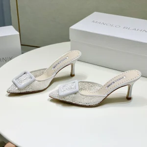 Manolo Mules 7cm White Hollow Lace Leather Bottom 451198