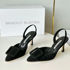 Manolo Slingback 7cm Black Suede Leather Bottom 451205