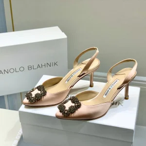 Manolo Buckle Slingback 7cm Light Pink Silk 208031