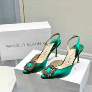 Manolo Buckle Slingback 7cm Green Silk 208029