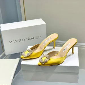 Manolo Buckle Mules 7cm Yellow Silk 208021