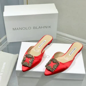 Manolo Buckle Flast Mules Red Silk 327518