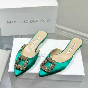 Manolo Buckle Flast Mules Green Silk 327517