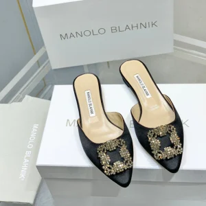 Manolo Buckle Flast Mules Black Silk 327515