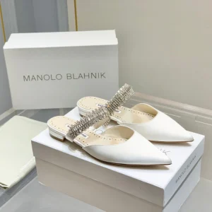 Manolo Flats Mules Diamond Buckle White Silk Satin 327486