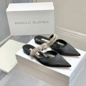 Manolo Flats Mules Diamond Buckle Black Silk Satin 327485