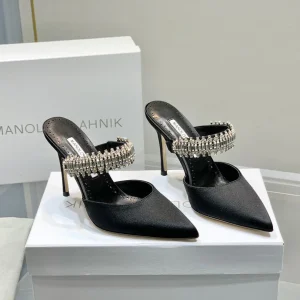 Manolo Mules Diamond Buckle Black Silk Satin 218812