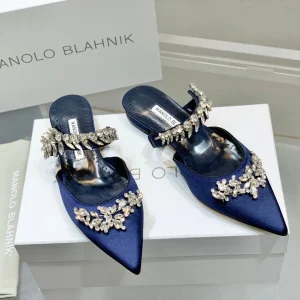 Manolo Flats Mules Crystal Navy Blue Silk Satin 327470