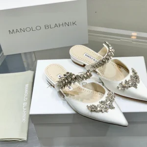 Manolo Flats Mules Crystal White Silk Satin 327471