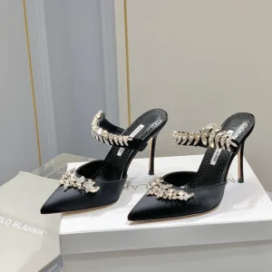 Manolo Mules Crystal Black Silk Satin 219377