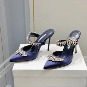 Manolo Mules Crystal Navy Blue Silk Satin 219378