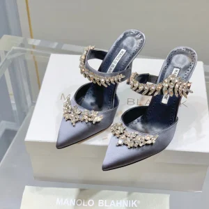 Manolo Mules Crystal Grey Silk Satin 219383