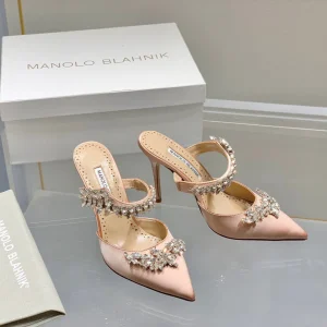 Manolo Mules Crystal Pink Silk Satin 219386