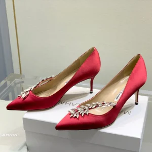 Manolo Wheat Ear Rhinestone Pumps Dark Red Silk Fabric 306595