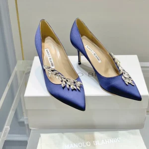 Manolo Wheat Ear Rhinestone High Heels Pumps Navy Blue Silk Fabric 327449