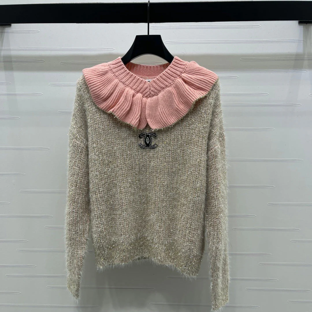 Chanel 2025 Ruffled Collar Shimmering Sweater Beige Pink Polyester Wool 319565