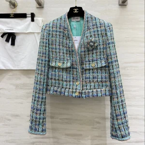 Chanel 2025 V-Neck Coat Blue Green Wool Tweed Fabric 319506