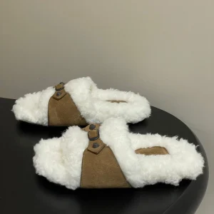 Balenciaga Classic Buckle Slippers White Brown Wool 535029