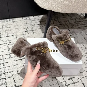 Chloe Covered Fur Slippers Dark Brown Wool 514329