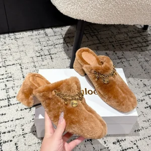 Chloe Covered Fur Slippers Caramel Brown Wool 514330