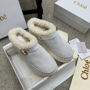 Chloe Nama Shearling-Lined Mule Light Gray Suede 523134