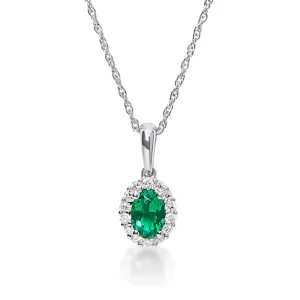 45cm Created Emerald Necklace with 0.13tw of Laboratory-Grown Diamonds in Rhodium Plated Sterling Silver