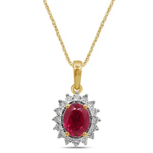 45cm Created Ruby and Diamond Halo Flower Necklace in 9kt Yellow Gold