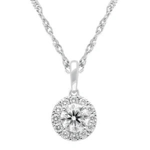 45cm Solitaire Halo Necklace with 1.00tw of Laboratory-Grown Diamonds in Sterling Silver and Platinum