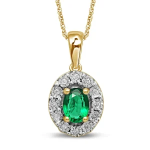 45cm Created Emerald and Diamond Halo Pendant Necklace in 9kt Yellow Gold