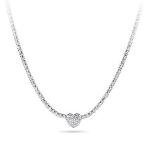 43cm 2mm Width Pave Heart Cubic Zirconia Tennis Necklace in Sterling Silver